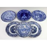 A Victorian blue and white dinner plate decorated with figures in a river landscape 26cm and 8 other