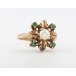 A 9ct yellow gold seed pearl and gem set ring, size O