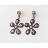 A pair of silver gilt daisy, amethyst and diamond earrings