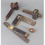 Two 19th Century brass and mahogany mortice gauges, 2 mahogany and brass squares and a bodkin