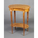 A Kingwood and parquetry kidney shaped 2 tier occasional table with crossbanded top inlaid a