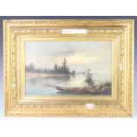 A 19th Century oil on board, lake side view with boat 19cm x 31cm