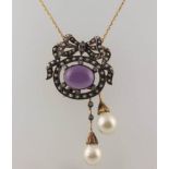 A silver gilt cabochon amethyst, seed pearl and diamond necklace