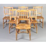 A set of 6 Continental beech and elm stick and rail back dining chairs with turned supports and H