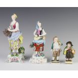 A Samson figure of a lady bird seller raised on a rococo base 21cm and 3 other figures All have