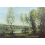 20th century, oil on canvas, indistinctly signed, riverscape 45cm by 65cm