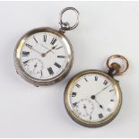 A silver cased keywind pocket watch and a gun metal ditto Neither watches are working