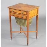 A 19th Century quarter veneered satinwood and inlaid work table fitted a drawer above a deep basket,
