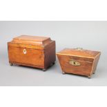 A 19th Century mahogany twin compartment tea caddy of sarcophagus form raised on brass fun feet 12cm