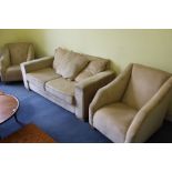 A MODERN GOLD THREE PIECE SUITE, comprising a two seat sofa and pair of armchairs (3)
