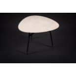 A SHAPED MARBLE TOPPED OCCASIONAL TABLE, ITALIAN, on metal tapering legs, 60cm (w)