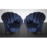 A PAIR OF UPHOLSTERED EASY CHAIRS, ITALIAN, IN THE MANNER OF ICO PARISI, on tapering legs