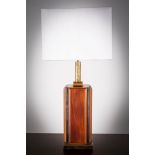 A TEAK AND BRASS SQUARE TABLE LAMP