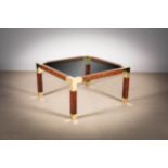 A WALNUT AND BRASS MOUNTED SQUARE TABLE, IN THE STYLE OF WILLY RIZZO, 1970s, on square legs.