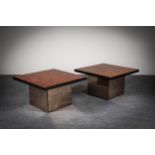 A PAIR OF WALNUT LOW TABLES, FRENCH 1970s, by PAUL MICHEL, on mirrored box bases, bearing labels,