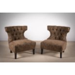 A PAIR OF BROWN UPHOLSTERED