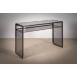 A CHROME AND SMOKED GLASS CONSOLE TABLE, 1970s, the square ends with tiered shelf, 123cm (w) x