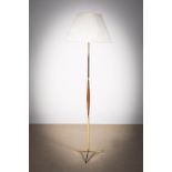 A TEAK AND GILT STANDARD LAMP, FRENCH 1970s, on tripod base, 150cm (h)