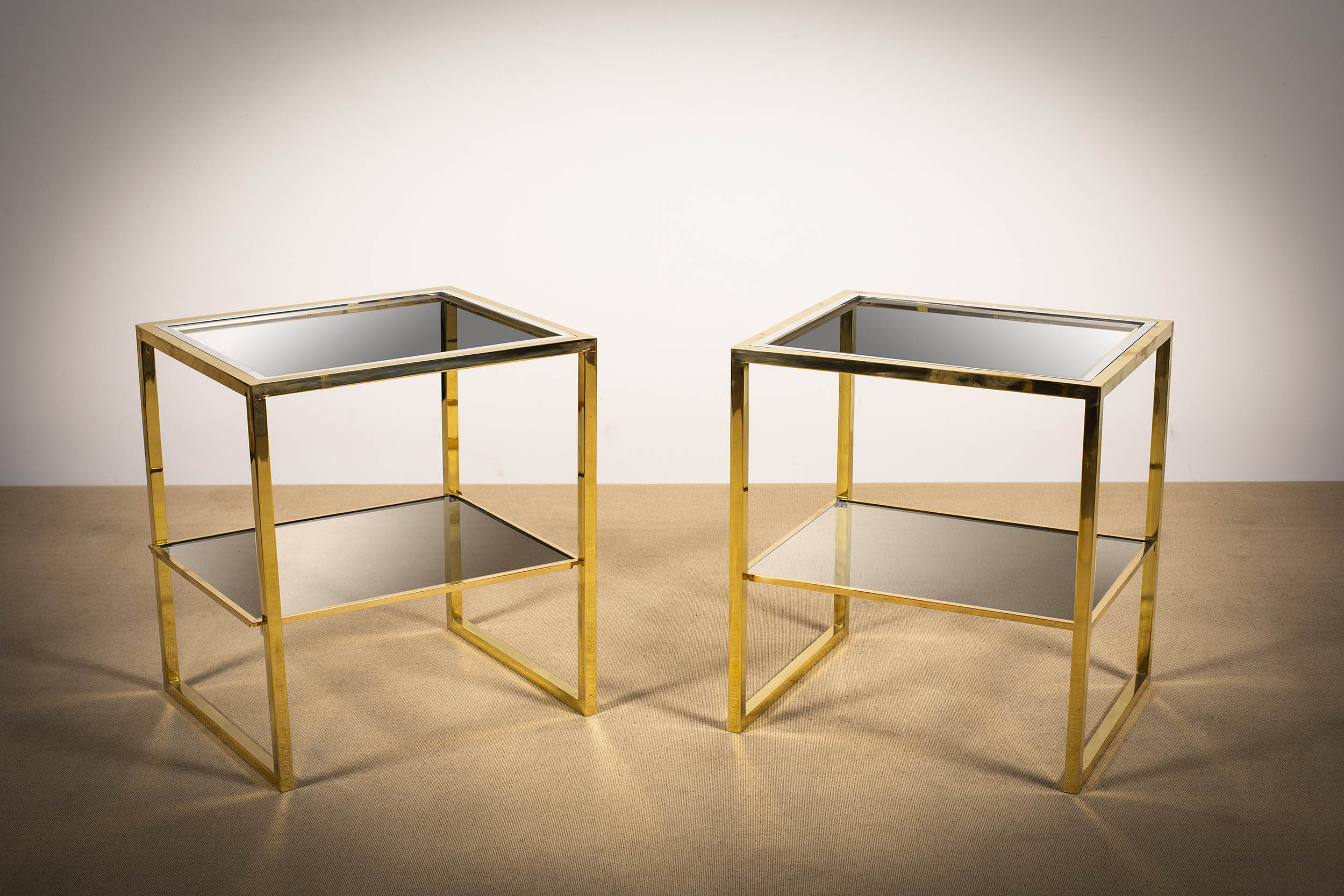 A PAIR OF GILT SQUARE TWO TIER LOW TABLES, FRENCH 1970s, 52cm (w) x 45cm (d) x 57cm (h)