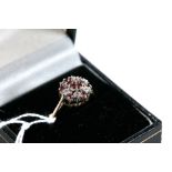 A 9CT YELLOW GOLD RUBY AND DIAMOND CLUSTER RING, size U, approximately 2.6 grams.