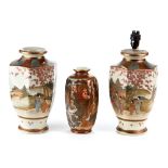 A PAIR OF EARLY 20TH CENTURY JAPANESE SATSUMA EARTHENWARE VASES of hexagonal form decorated with