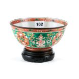 AN UNUSUAL 18TH CENTURY CHINESE PORCELAIN COPPER RIMMED BOWL polychrome decorated with four