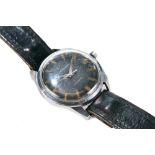 A GENTS STAINLESS STEEL ""GIRARD-PERREGAUX"" GYROMATIC WRIST WATCH with black dial and baton