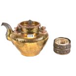 A 19TH CENTURY TIBETAN BRASS AND COPPER KETTLE with foliate white metal knop and mounts engraved/