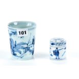 AN UNUSUAL ORIENTAL BLUE AND WHITE PORCELAIN BEAKER decorated with two figures playing a board game,