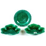 A SET OF FOUR 19TH CENTURY WEDGWOOD GREEN GLAZED LEAF FORM SERVING PLATES, twelve ditto SIDE PLATES,