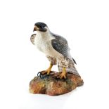 A 20TH CENTURY ROYAL CROWN DERBY PORCELAIN FIGURE OF A FALCON, on a rocky base, signed L. Payne,