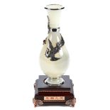 A 20TH CENTURY CHINESE WHITE JADE BALUSTER VASE with applied white metal decoration of a phoenix