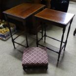 An upholstered Edwardian footstool together with two occasional tables CONDITION: