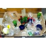 A quantity of glass, to include decanters, wine glasses, jugs, blue glass liners etc.