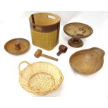 A quantity of turned wooden and wicker items, to include tazza, gavel, bowl, wicker basket etc.