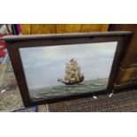 A large painted plaster rendering of an English galleon mounted within an oak ornamental frame