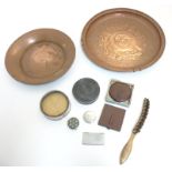 A mix lot to include copper tray, hat brush, leather compacts , snuff box ,