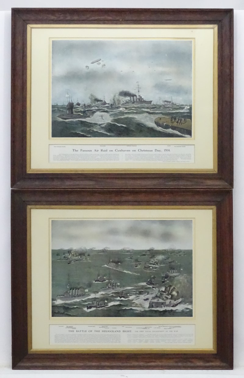 Militaria: A pair of polychrome prints depicting WWI naval conflict,