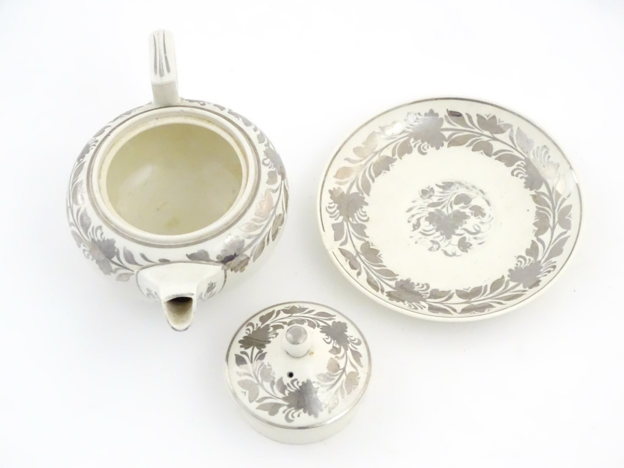 A white Wedgewood teapot and saucer with banded silver lustre decoration. Teapot approx. - Image 2 of 8