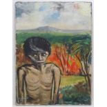 Leiensckley ? (19) 74, Oil on canvas, A boy before case fields with mountain to distance,