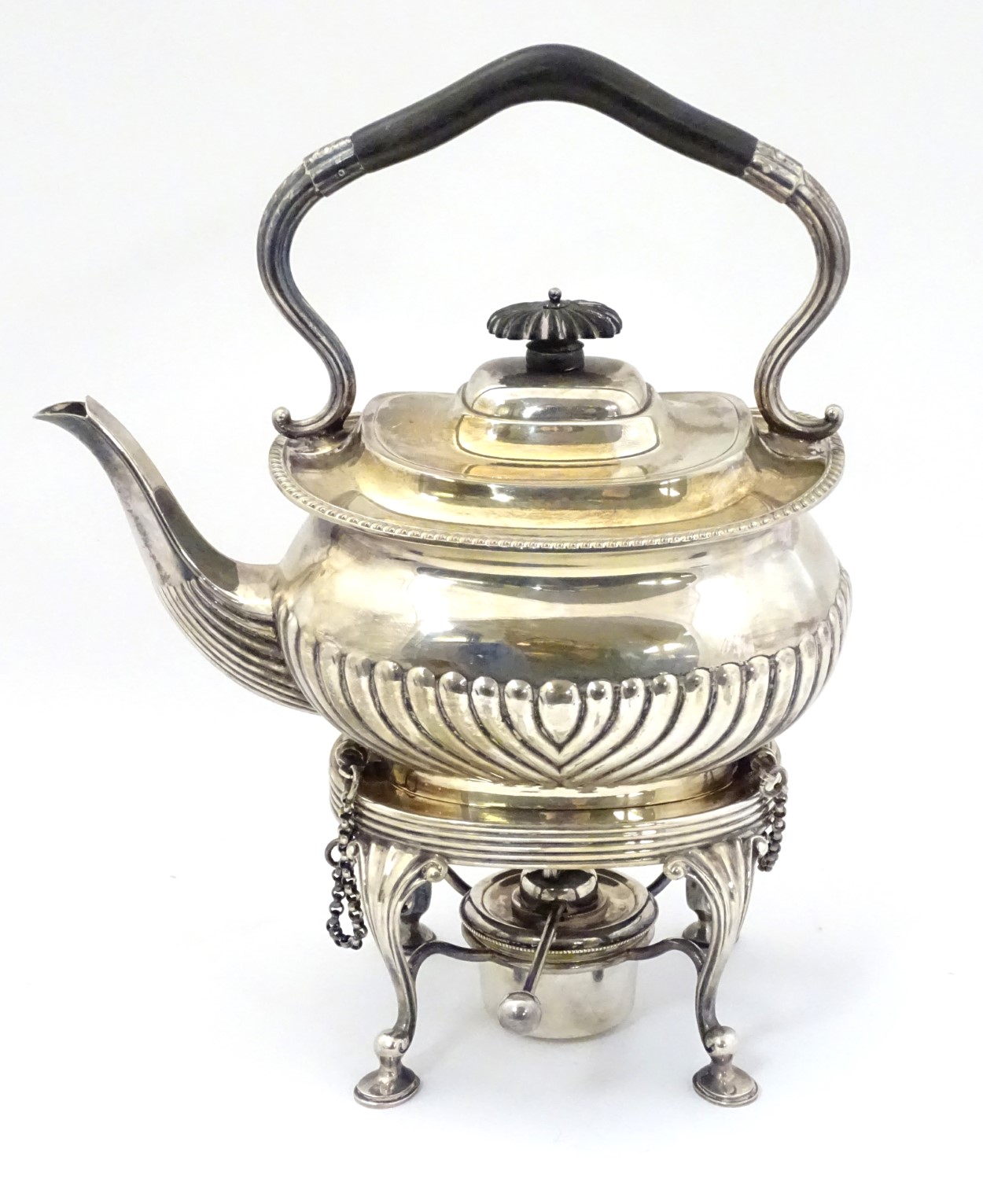 A late 19thC / early 20thC silver plate spirit kettle on stand with burner under the whole 12" high