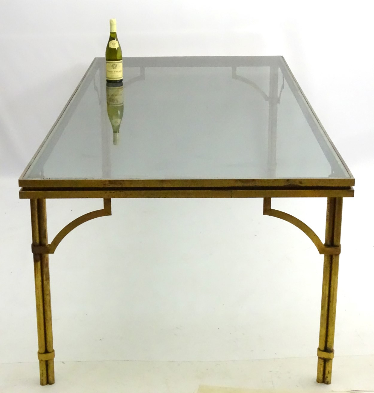 Mid Century Modern : a brass and glass topped dining table with triple gathered column legs and - Image 3 of 4