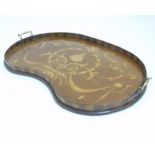 An Edwardian inlaid mahogany and Sheraton revival kidney shaped butlers tray with checkered border