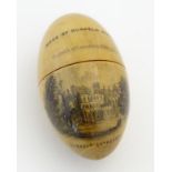 Advertising Mauchline ware : A Turned treen needlework thimble case of egg form,