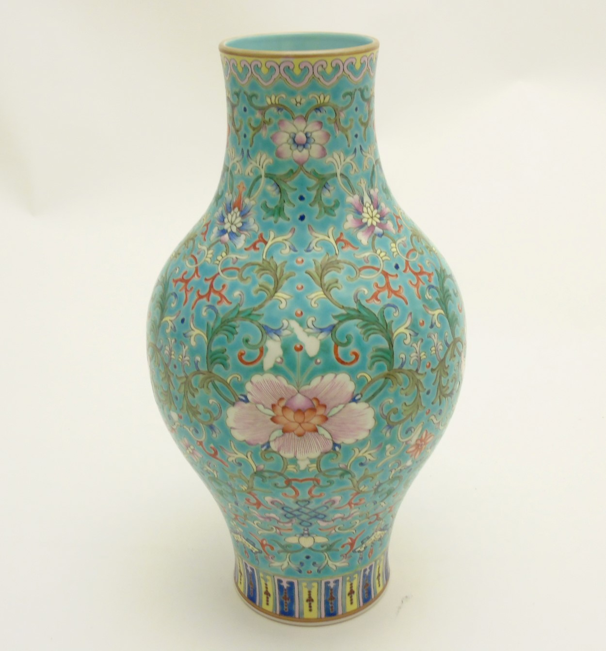 A Chinese Famille Rose turquoise-ground cloisonné-imitation vase, with round bulbous body to centre, - Image 5 of 8