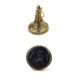 Pendant fob seal : a circa 1850 gilt metal cased fob seal having an agate intaglio horse under,