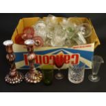 19thC assorted glass to include a pair of candlesticks, pickle jars, tumblers, custard glasses,