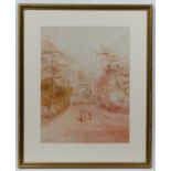 HJ Jockley early XX, Watercolour and pencil, Figures gathered before a church entrance,