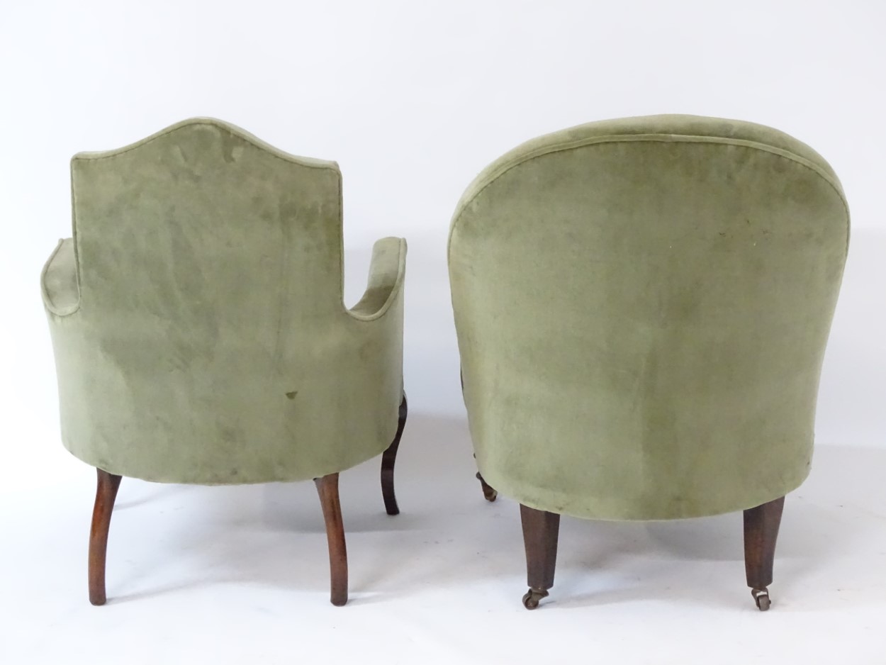 Two early 20thC nursing chairs, one with shield back, shaped arms, and standing on tapering legs. - Image 6 of 6