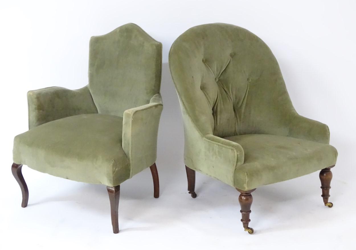 Two early 20thC nursing chairs, one with shield back, shaped arms, and standing on tapering legs. - Image 3 of 6